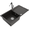 Mexen Leo granite sink 1-bowl with drainer and Flora kitchen faucet, black/gold metallic - 6501-75-670401-07