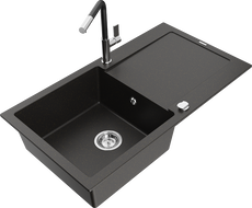 Mexen Leo granite kitchen sink 1-bowl with drainer and Flora kitchen tap, black/gold metallic - 6501-75-670401-07