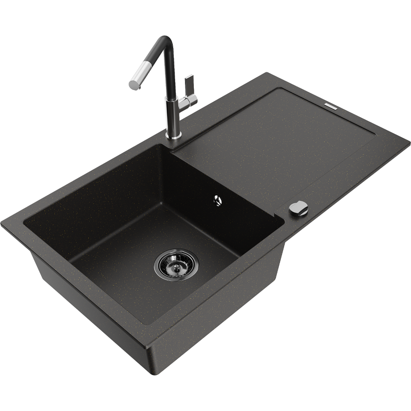 Mexen Leo 1-compartment granite sink with a drip tray and kitchen mixer tap Flora, Black/Gold metallic - 6501-75-670401-07-B