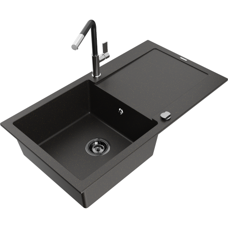 Mexen Leo granite sink 1-bowl with drainer and Flora kitchen faucet, black/gold metallic - 6501-75-670401-07-B