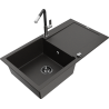Mexen Leo 1-bowl granite sink with drainer and Flora kitchen faucet, black/gold metallic - 6501-75-670401-07-B