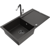 Mexen Leo granite sink 1-bowl with drainer and Flora kitchen faucet, black/gold metallic - 6501-75-670401-07-B