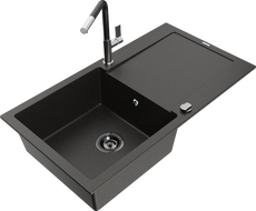 Mexen Leo 1-bowl granite sink with drainer and Flora kitchen faucet, black/gold metallic - 6501-75-670401-07-B