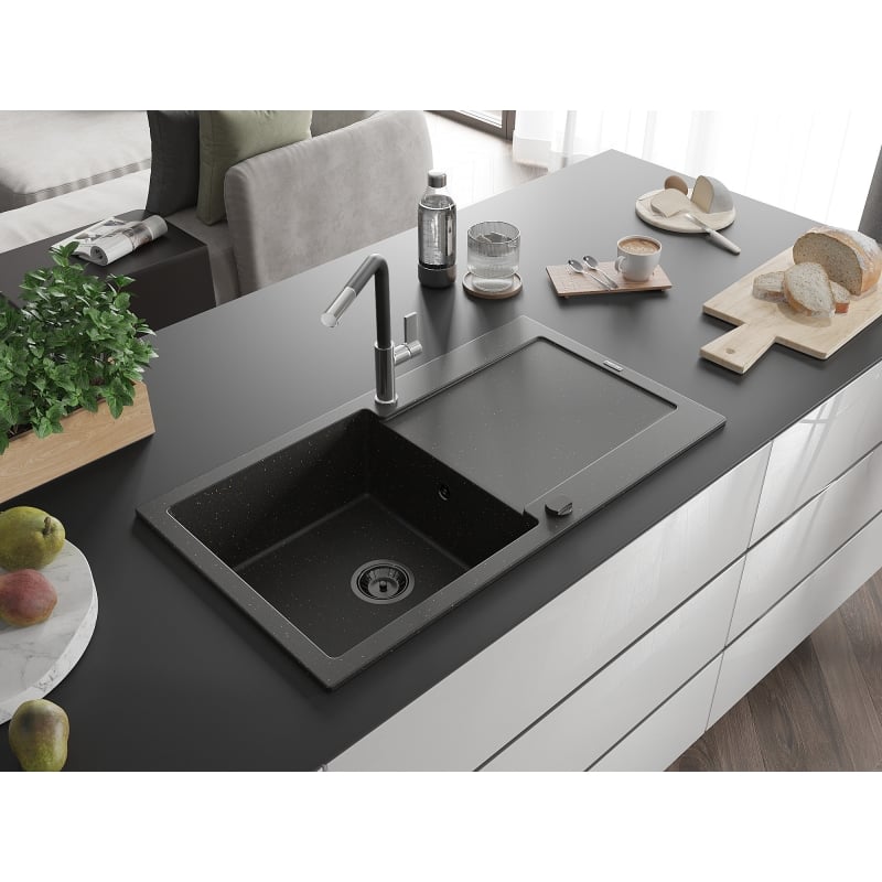 Mexen Leo granite sink 1-bowl with drainer and Flora kitchen faucet, black/gold metallic - 6501-75-670401-07-B