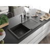 Mexen Leo granite sink 1-bowl with drainer and Flora kitchen faucet, black/gold metallic - 6501-75-670401-07-B