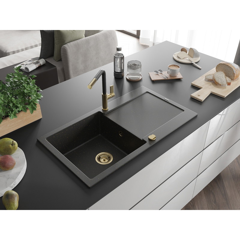 Mexen Leo granite kitchen sink 1-bowl with drainer and Flora kitchen faucet, black/gold metallic - 6501-75-670401-57-G