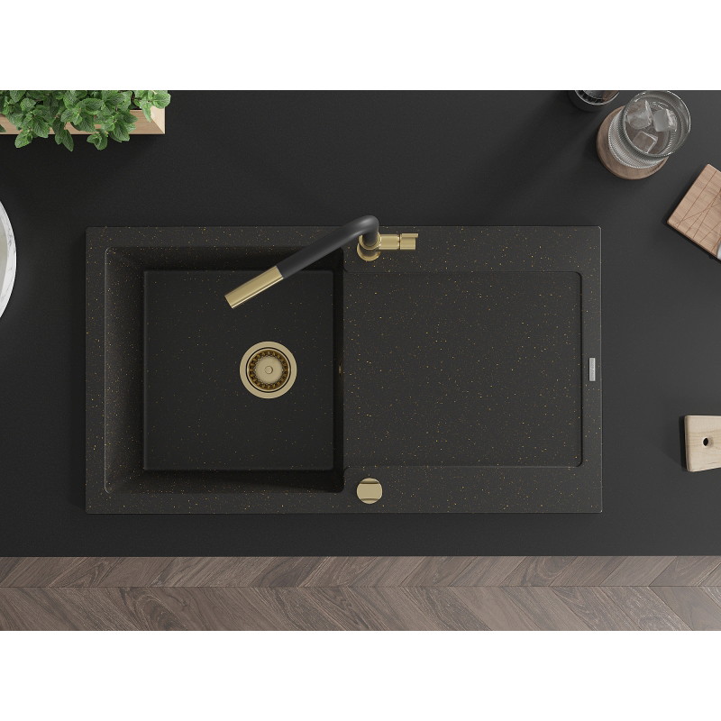 Mexen Leo granite kitchen sink 1-bowl with drainer and Flora kitchen faucet, black/gold metallic - 6501-75-670401-57-G