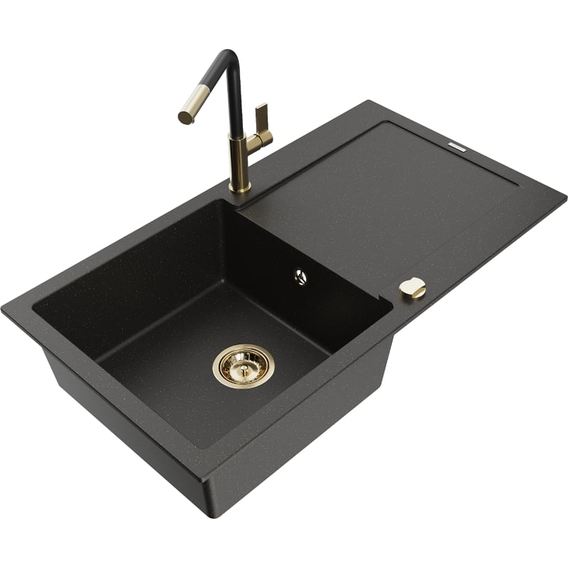 Mexen Leo granite kitchen sink 1-bowl with drainer and Flora kitchen faucet, black/gold metallic - 6501-75-670401-57-G
