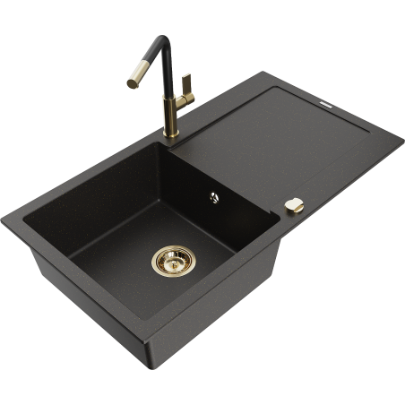 Mexen Leo 1-compartment granite sink with a drip tray and kitchen mixer tap Flora, Black/Gold metallic - 6501-75-670401-57-G