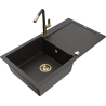 Mexen Leo granite kitchen sink 1-bowl with drainer and Flora kitchen faucet, black/gold metallic - 6501-75-670401-57-G