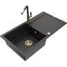 Mexen Leo granite sink with 1-bowl and drainer with Flora kitchen faucet, black/golden metallic - 6501-75-670401-57-G