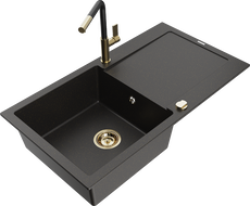 Mexen Leo 1-bowl granite sink with drainer and Flora kitchen tap, black/gold metallic - 6501-75-670401-57-G
