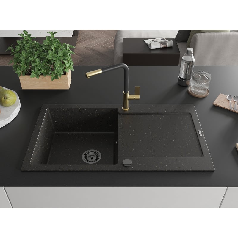 Mexen Leo granite sink with 1 bowl, drainer and Flora kitchen faucet, black/gold metallic - 6501-75-670401-57-B