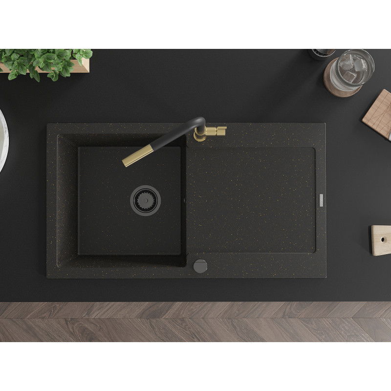 Mexen Leo 1-bowl granite sink with drainer and Flora kitchen tap, black/gold metallic - 6501-75-670401-57-B