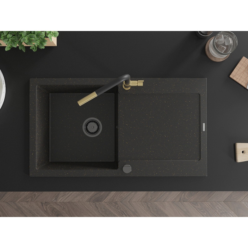 Mexen Leo granite sink 1-chamber with drainer and Flora kitchen faucet, black/gold metallic - 6501-75-670401-57-B