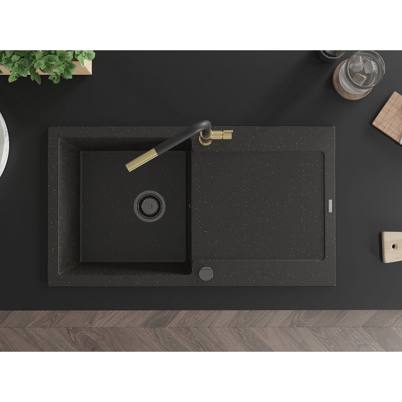 Mexen Leo granite sink with 1 bowl, drainer and Flora kitchen faucet, black/gold metallic - 6501-75-670401-57-B