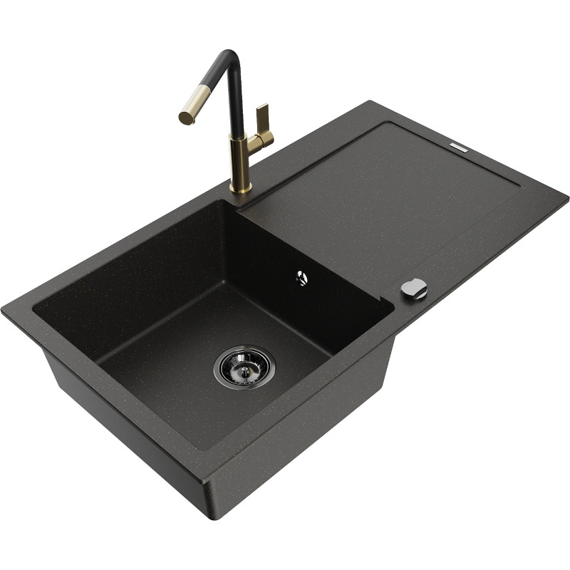 Mexen Leo granite sink 1-chamber with drainer and Flora kitchen faucet, black/gold metallic - 6501-75-670401-57-B