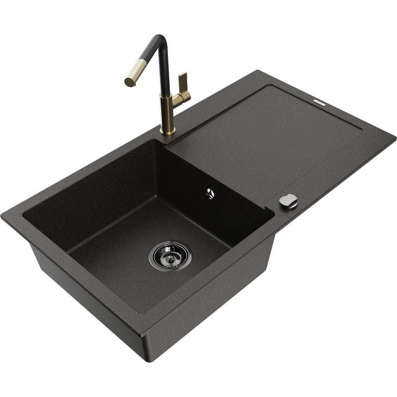 Mexen Leo granite sink with 1 bowl, drainer and Flora kitchen faucet, black/gold metallic - 6501-75-670401-57-B