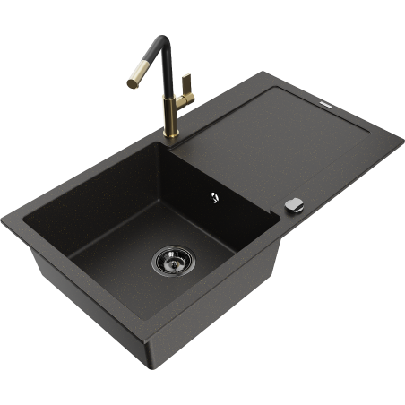 Mexen Leo granite sink 1-chamber with drainer and Flora kitchen faucet, black/gold metallic - 6501-75-670401-57-B