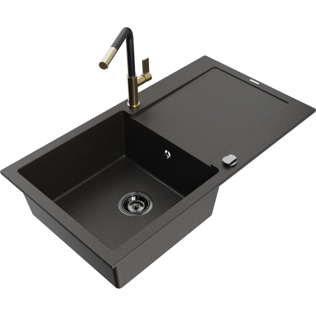 Mexen Leo granite sink with 1 bowl, drainer and Flora kitchen faucet, black/gold metallic - 6501-75-670401-57-B