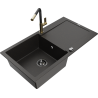 Mexen Leo granite sink 1-chamber with drainer and Flora kitchen faucet, black/gold metallic - 6501-75-670401-57-B