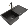 Mexen Leo granite sink with 1 bowl, drainer and Flora kitchen faucet, black/gold metallic - 6501-75-670401-57-B