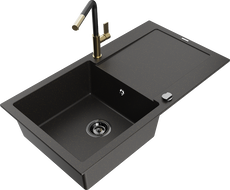Mexen Leo 1-bowl granite sink with drainer and Flora kitchen tap, black/gold metallic - 6501-75-670401-57-B