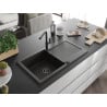 Mexen Leo single bowl granite sink with drainer and Flora kitchen tap, black/golden metallic - 6501-75-670401-70-B