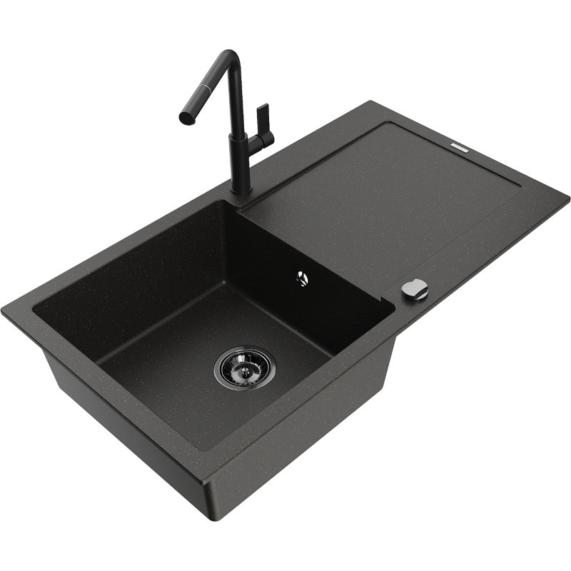 Mexen Leo granite sink 1-bowl with drainer and Flora kitchen faucet, black/gold metallic - 6501-75-670401-70-B