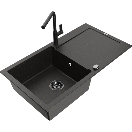 Mexen Leo granite sink 1-bowl with drainer and Flora kitchen faucet, black/gold metallic - 6501-75-670401-70-B