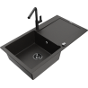 Mexen Leo single bowl granite sink with drainer and Flora kitchen tap, black/golden metallic - 6501-75-670401-70-B