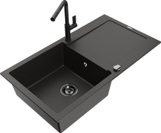 Mexen Leo granite sink 1-bowl with drainer and Flora kitchen faucet, black/gold metallic - 6501-75-670401-70-B