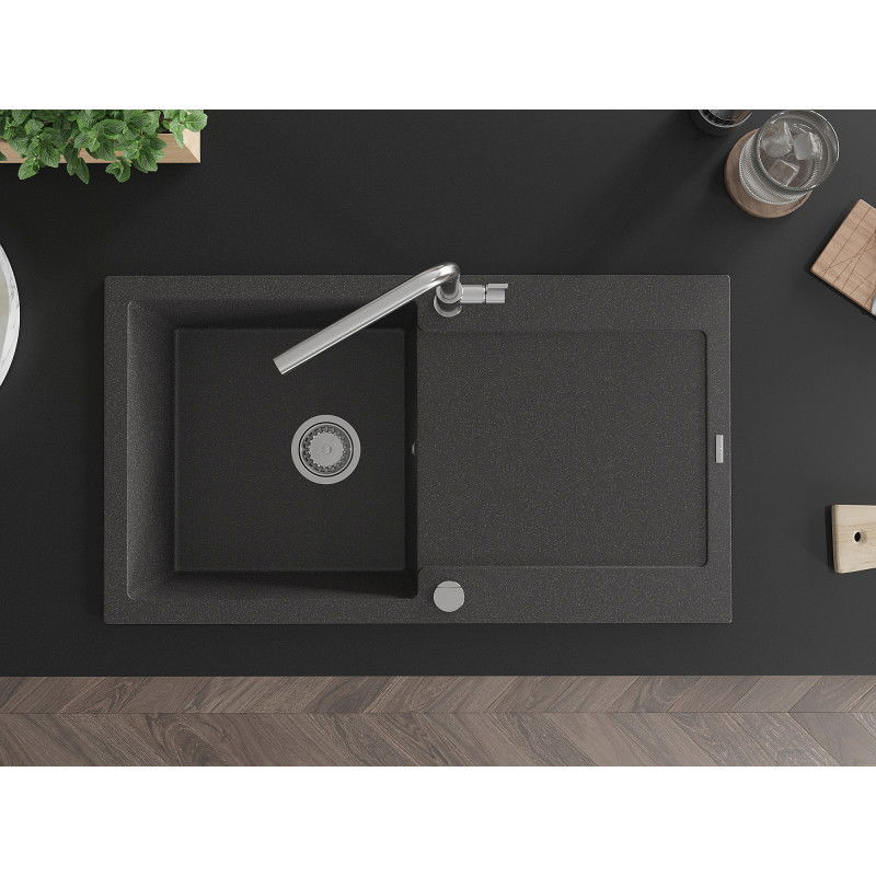 Mexen Leo granite sink 1-bowl with drainer and Flora kitchen tap, speckled black - 6501-76-670401-00