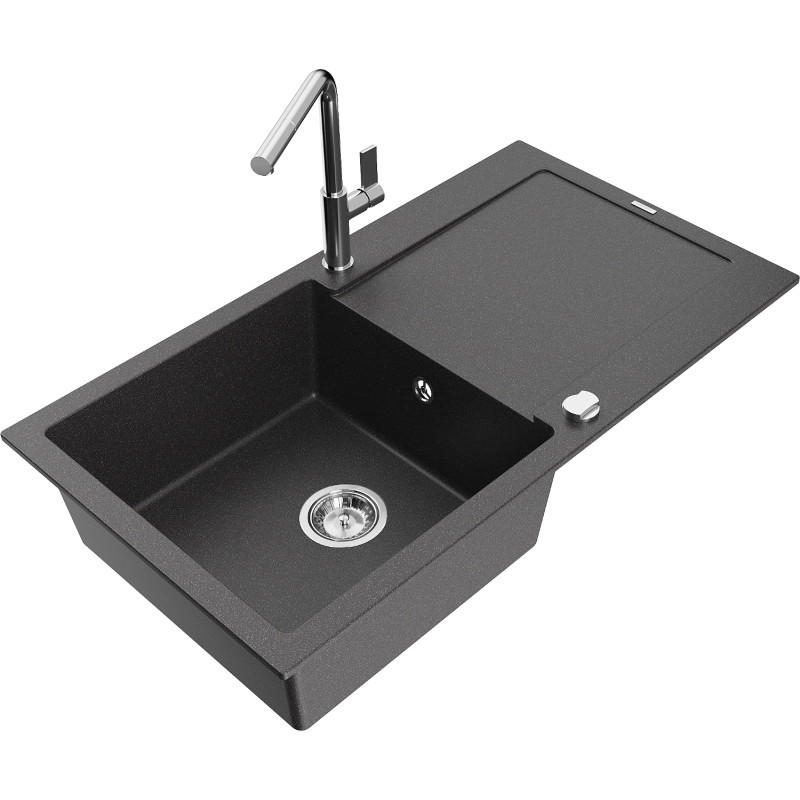 Mexen Leo granite sink 1-bowl with drainer and Flora kitchen faucet, black speckled - 6501-76-670401-00