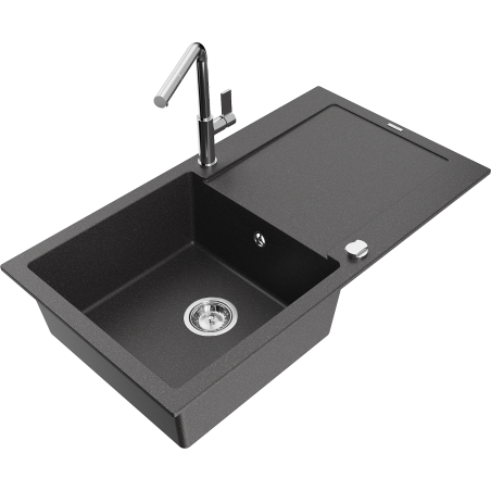 Mexen Leo granite sink 1-bowl with drainer and Flora kitchen faucet, black speckled - 6501-76-670401-00