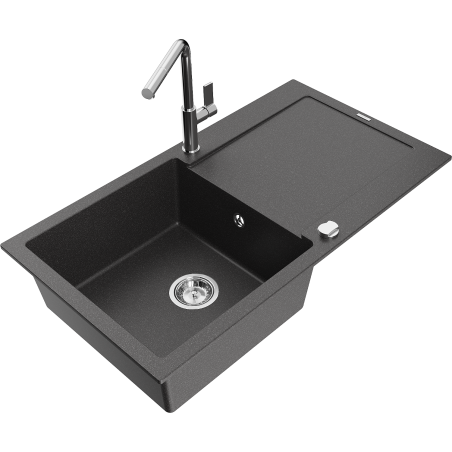 Mexen Leo granite sink 1-bowl with drainer and Flora kitchen faucet, speckled black - 6501-76-670401-00