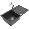 Mexen Leo granite sink 1-bowl with drainer and Flora kitchen faucet, speckled black - 6501-76-670401-00