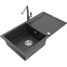 Mexen Leo granite sink 1-bowl with drainer and Flora kitchen tap, speckled black - 6501-76-670401-00