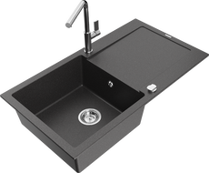 Mexen Leo granite sink 1-bowl with drainer and Flora kitchen faucet, speckled black - 6501-76-670401-00
