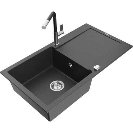 Mexen Leo 1-compartment granite sink with a drip tray and kitchen mixer tap Flora, spotted black - 6501-76-670401-07