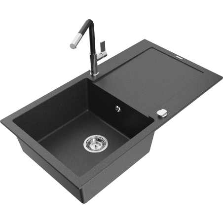 Mexen Leo granite kitchen sink, 1-bowl with drainer and Flora kitchen faucet, speckled black - 6501-76-670401-07