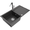 Mexen Leo granite kitchen sink, 1-bowl with drainer and Flora kitchen faucet, speckled black - 6501-76-670401-07