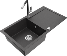 Mexen Leo granite kitchen sink, 1-bowl with drainer and Flora kitchen faucet, speckled black - 6501-76-670401-07