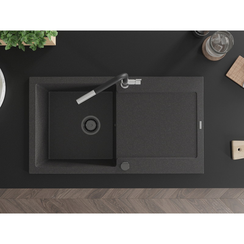 Mexen Leo granite single-bowl sink with drainer and Flora kitchen faucet, black speckled - 6501-76-670401-07-B