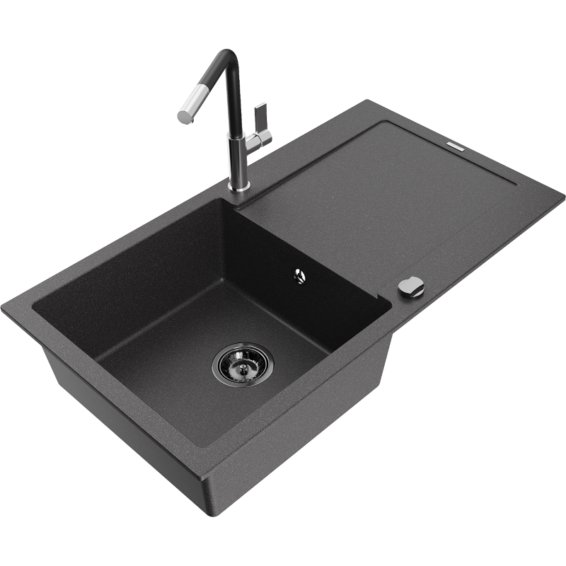 Mexen Leo 1-compartment granite sink with a drip tray and kitchen mixer tap Flora, spotted black - 6501-76-670401-07-B