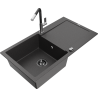 Mexen Leo granite kitchen sink 1-bowl with drainer and Flora kitchen faucet, black speckled - 6501-76-670401-07-B