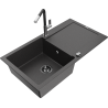 Mexen Leo granite single-bowl sink with drainer and Flora kitchen faucet, black speckled - 6501-76-670401-07-B