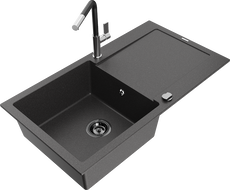 Mexen Leo granite kitchen sink 1-bowl with drainer and Flora kitchen faucet, black speckled - 6501-76-670401-07-B