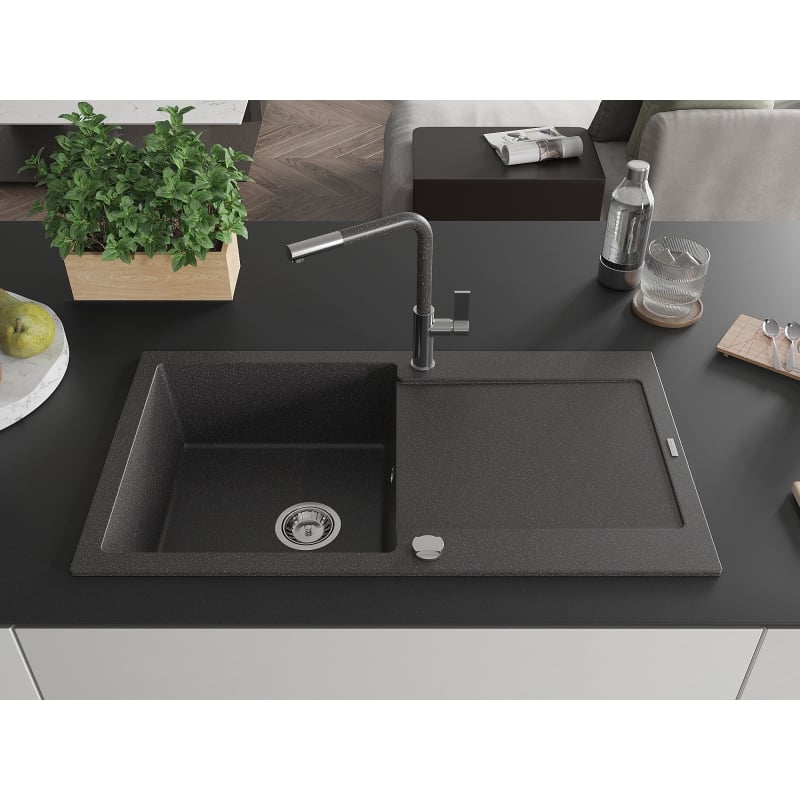 Mexen Leo granite kitchen sink 1-bowl with drainer and Flora kitchen faucet, speckled black - 6501-76-670401-08