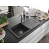 Mexen Leo granite kitchen sink 1-bowl with drainer and Flora kitchen faucet, speckled black - 6501-76-670401-08